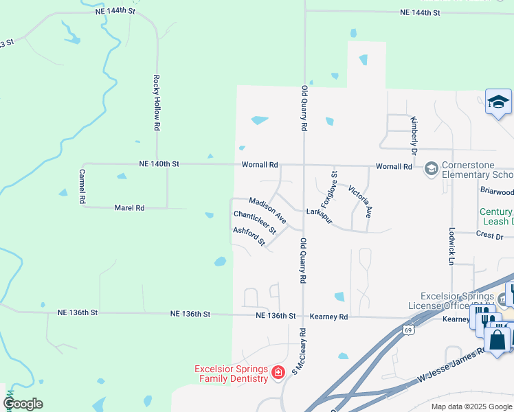 map of restaurants, bars, coffee shops, grocery stores, and more near 2220 Chanticleer Street in Excelsior Springs