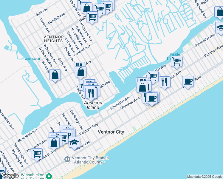 map of restaurants, bars, coffee shops, grocery stores, and more near 104 North Suffolk Avenue in Ventnor City