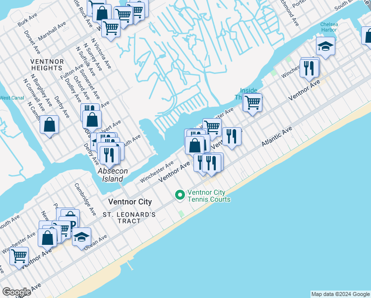 map of restaurants, bars, coffee shops, grocery stores, and more near 1 North Victoria Avenue in Ventnor City