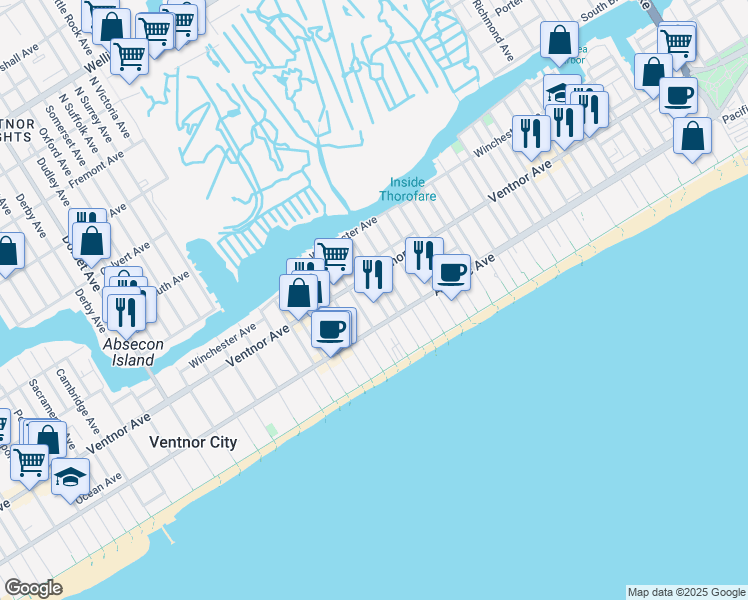 map of restaurants, bars, coffee shops, grocery stores, and more near 24 South Oakland Avenue in Ventnor City