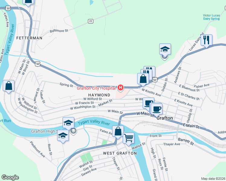map of restaurants, bars, coffee shops, grocery stores, and more near 2 Hospital Plaza in Grafton