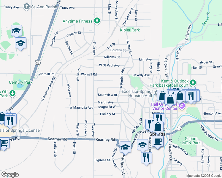 map of restaurants, bars, coffee shops, grocery stores, and more near 109 Northview Drive in Excelsior Springs