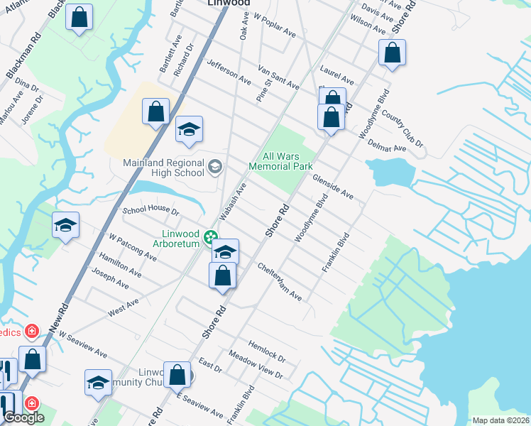 map of restaurants, bars, coffee shops, grocery stores, and more near 1333 Shore Road in Linwood