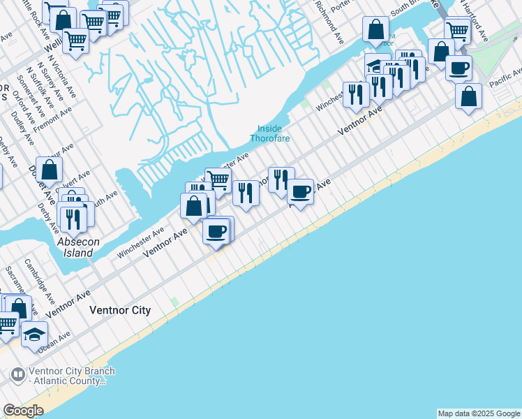 map of restaurants, bars, coffee shops, grocery stores, and more near 4911 Atlantic Avenue in Ventnor City