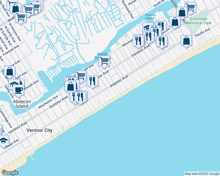 map of restaurants, bars, coffee shops, grocery stores, and more near 107 South Baton Rouge Avenue in Ventnor City