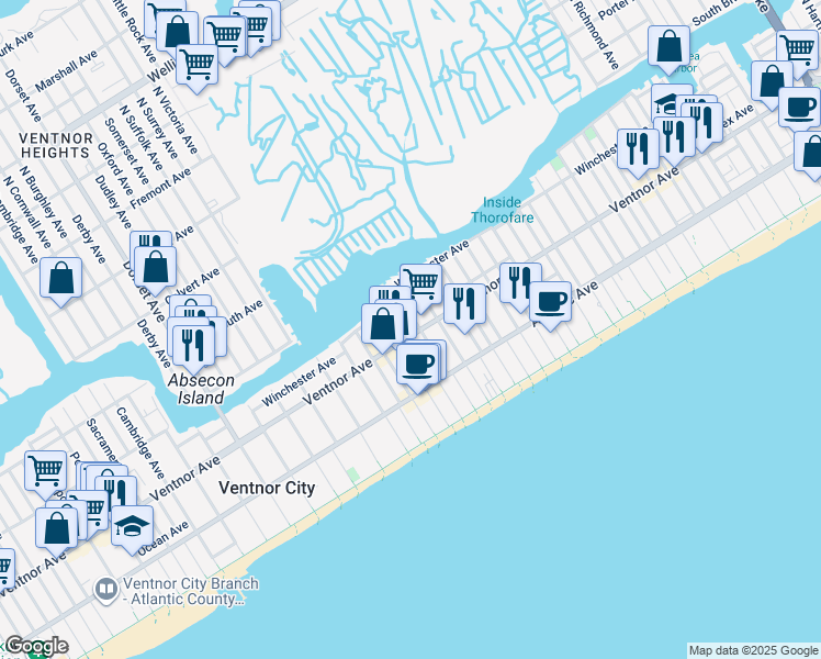 map of restaurants, bars, coffee shops, grocery stores, and more near 3 South Weymouth Avenue in Ventnor City