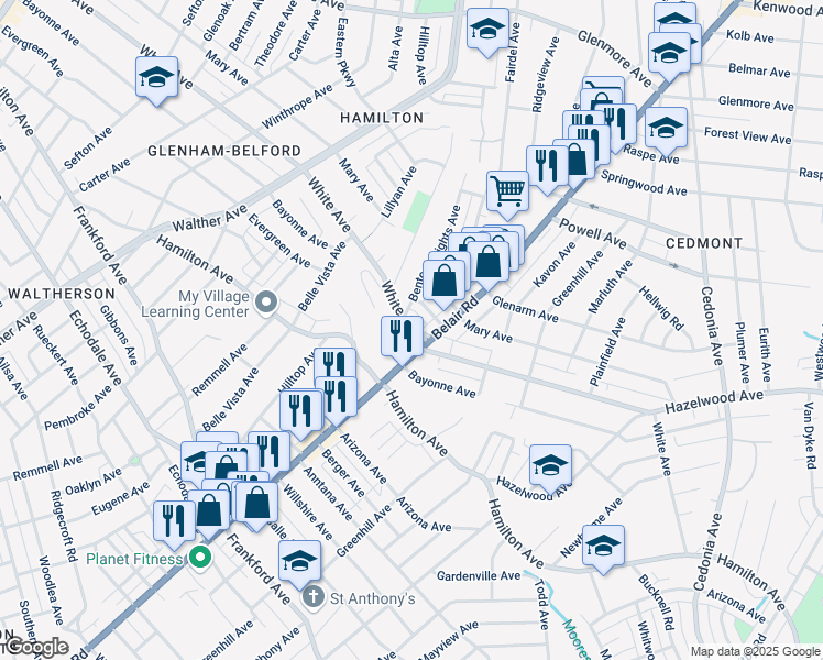 map of restaurants, bars, coffee shops, grocery stores, and more near 4121 White Avenue in Baltimore