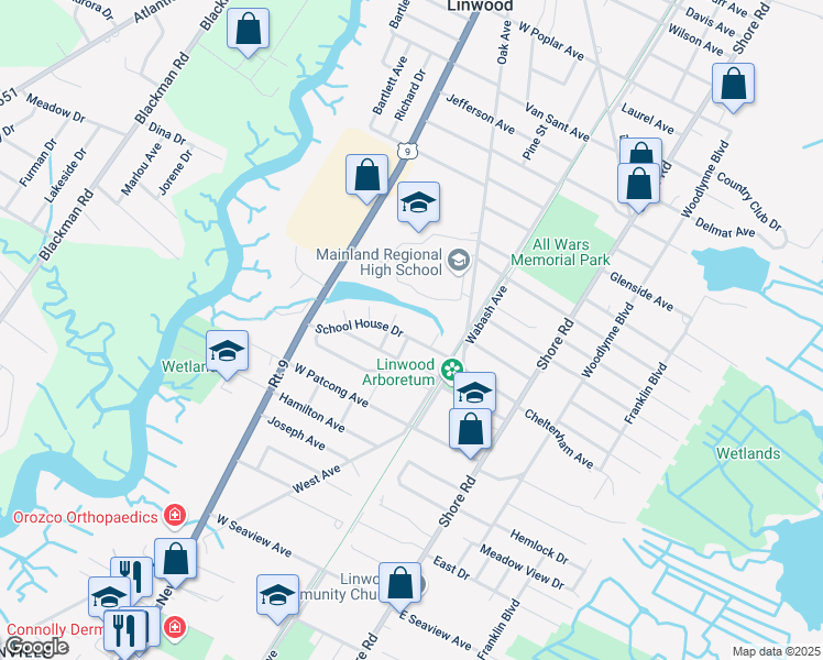 map of restaurants, bars, coffee shops, grocery stores, and more near 200 Morris Avenue in Linwood