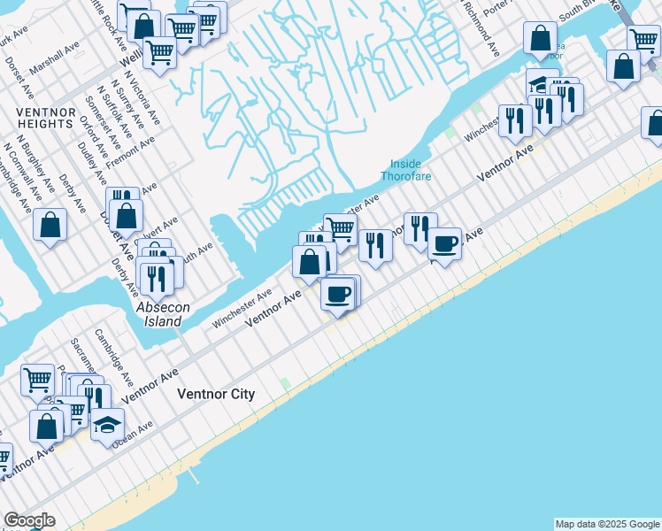 map of restaurants, bars, coffee shops, grocery stores, and more near 3 South Weymouth Avenue in Ventnor City