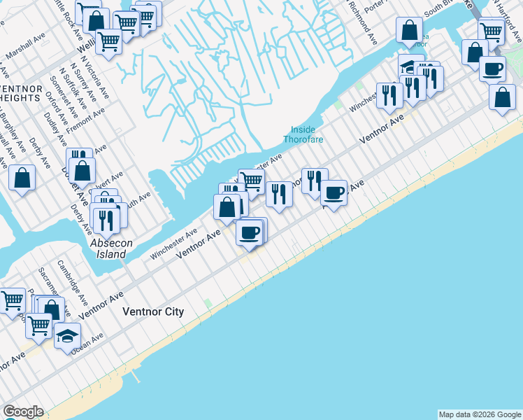 map of restaurants, bars, coffee shops, grocery stores, and more near 24 South Oakland Avenue in Ventnor City