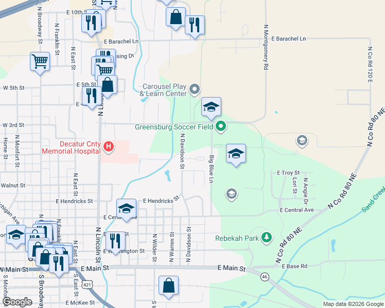 map of restaurants, bars, coffee shops, grocery stores, and more near 800 North Davidson Street in Greensburg