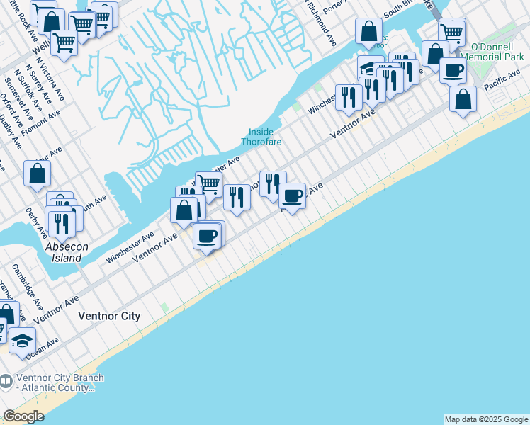 map of restaurants, bars, coffee shops, grocery stores, and more near 4911 Atlantic Avenue in Ventnor City