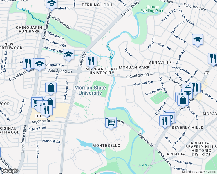map of restaurants, bars, coffee shops, grocery stores, and more near Morgan State Campus Road in Baltimore