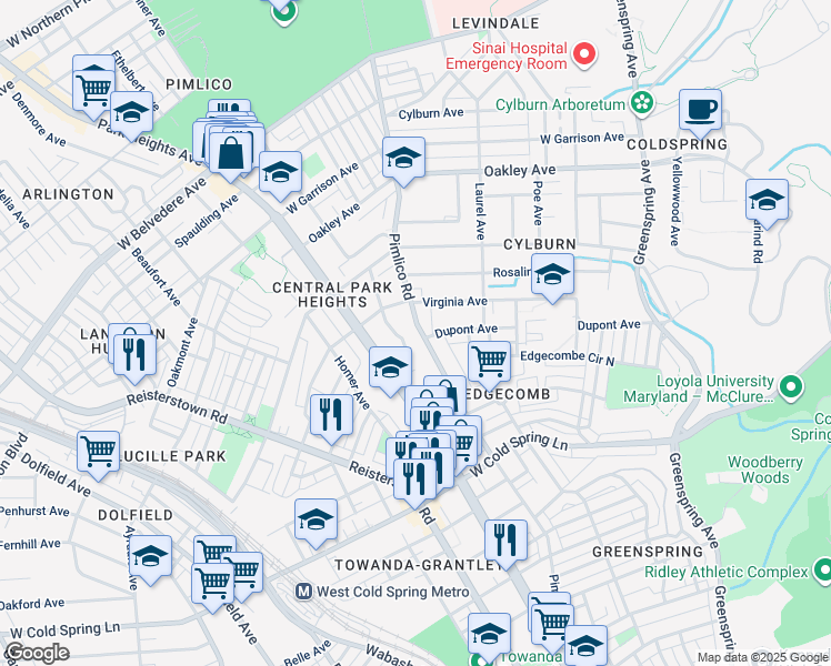 map of restaurants, bars, coffee shops, grocery stores, and more near 4642 Pimlico Road in Baltimore