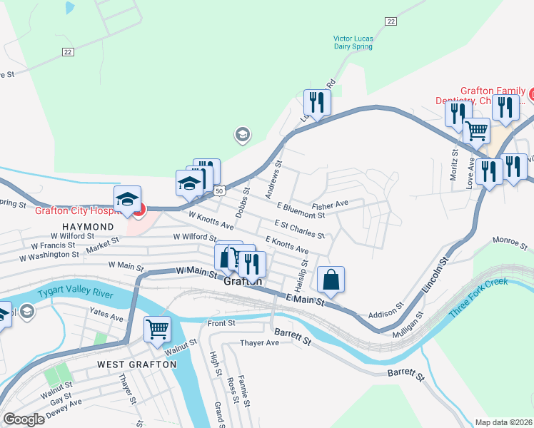 map of restaurants, bars, coffee shops, grocery stores, and more near 1-127 E Pretence St in Grafton