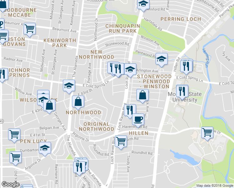 map of restaurants, bars, coffee shops, grocery stores, and more near 1413 Kingsway Road in Baltimore
