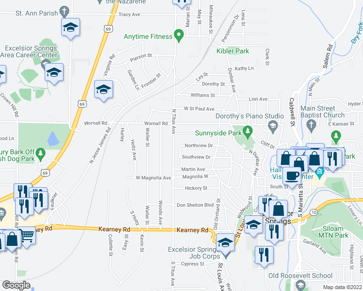 map of restaurants, bars, coffee shops, grocery stores, and more near 124 Northview Drive in Excelsior Springs