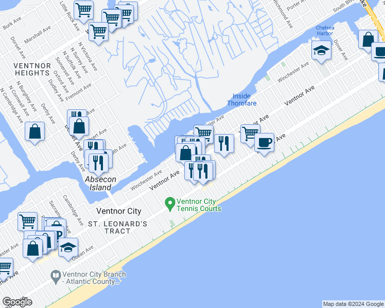 map of restaurants, bars, coffee shops, grocery stores, and more near 3 South Weymouth Avenue in Ventnor City