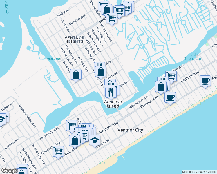 map of restaurants, bars, coffee shops, grocery stores, and more near 201 North Dorset Avenue in Ventnor City