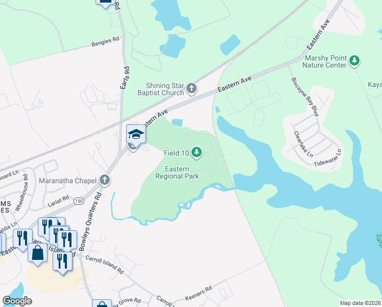 map of restaurants, bars, coffee shops, grocery stores, and more near 11723 Eastern Avenue in Middle River