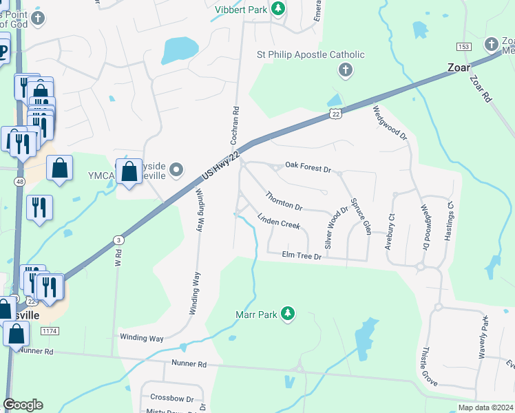 map of restaurants, bars, coffee shops, grocery stores, and more near 640 Linden Creek in Morrow