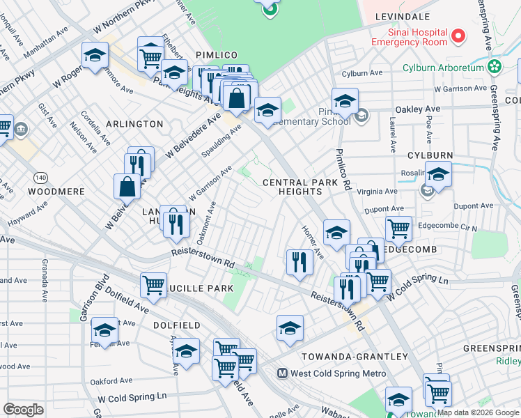 map of restaurants, bars, coffee shops, grocery stores, and more near 4724 Wilern Avenue in Baltimore