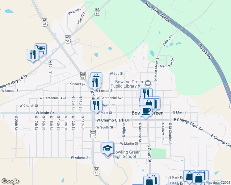 map of restaurants, bars, coffee shops, grocery stores, and more near 606 West Locust Street in Bowling Green