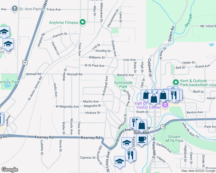 map of restaurants, bars, coffee shops, grocery stores, and more near 401 North Kimball Avenue in Excelsior Springs