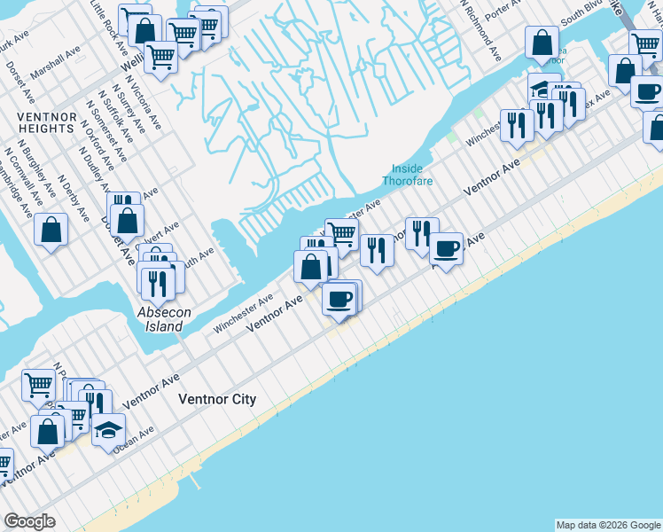 map of restaurants, bars, coffee shops, grocery stores, and more near 3 South Weymouth Avenue in Ventnor City