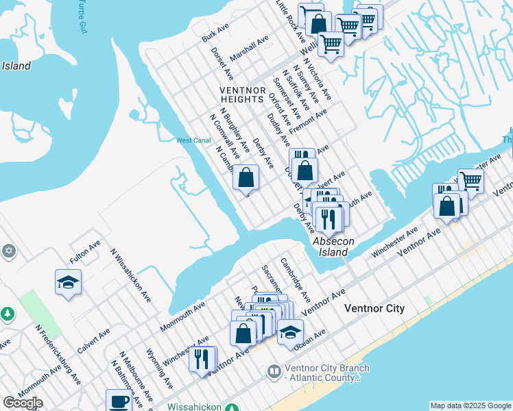 map of restaurants, bars, coffee shops, grocery stores, and more near 303 North Harvard Avenue in Ventnor City