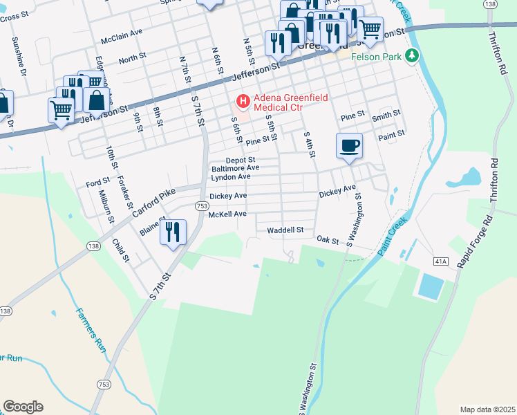 map of restaurants, bars, coffee shops, grocery stores, and more near 827 Waddell Street in Greenfield