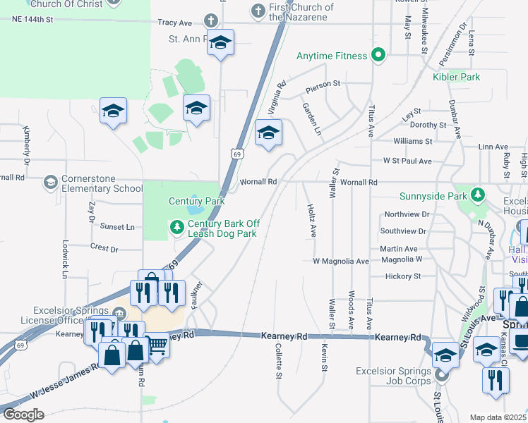 map of restaurants, bars, coffee shops, grocery stores, and more near 500 North Jesse James Road in Excelsior Springs