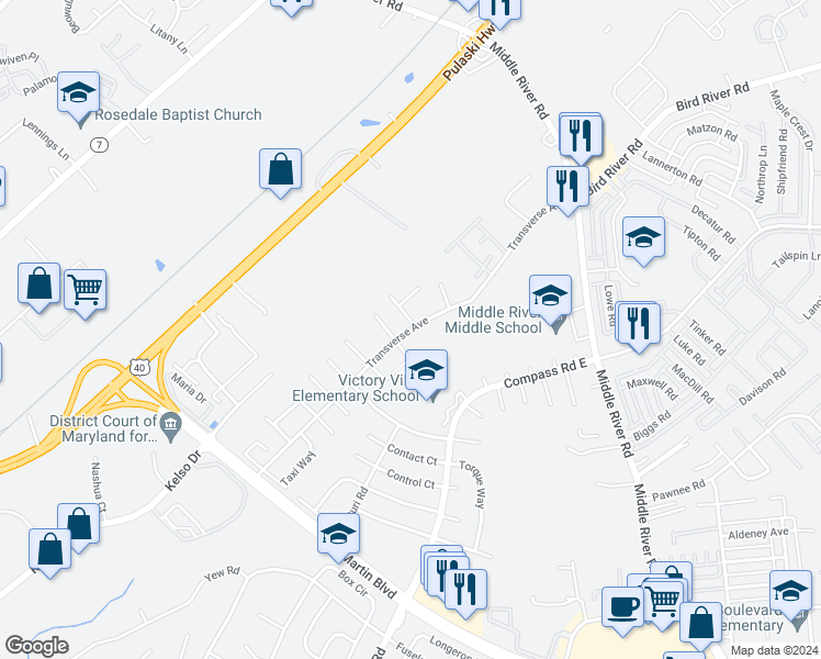 map of restaurants, bars, coffee shops, grocery stores, and more near Transverse Avenue in Middle River