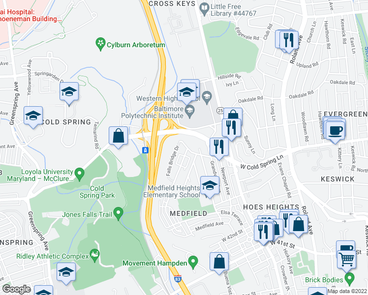 map of restaurants, bars, coffee shops, grocery stores, and more near 4464 La Plata Avenue in Baltimore