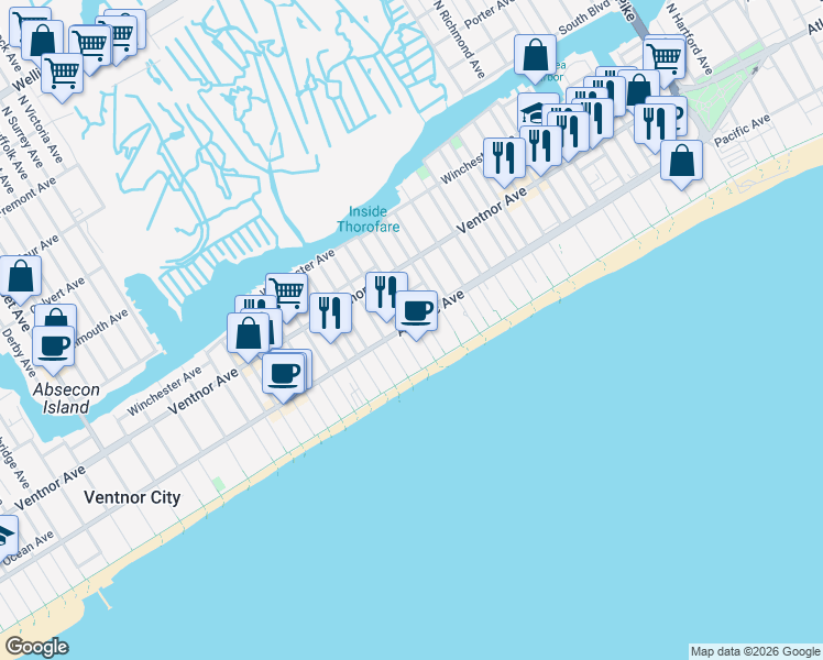 map of restaurants, bars, coffee shops, grocery stores, and more near 20 Jackson Avenue in Atlantic City