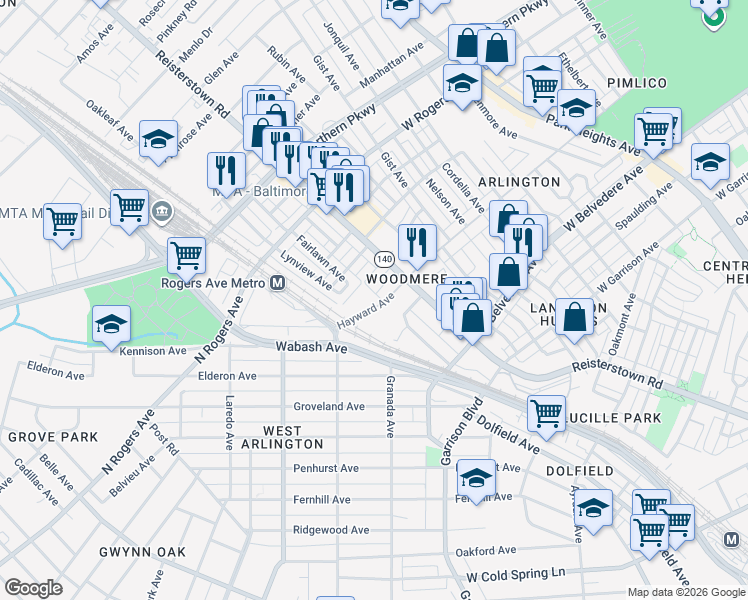 map of restaurants, bars, coffee shops, grocery stores, and more near 4128 Hayward Avenue in Baltimore