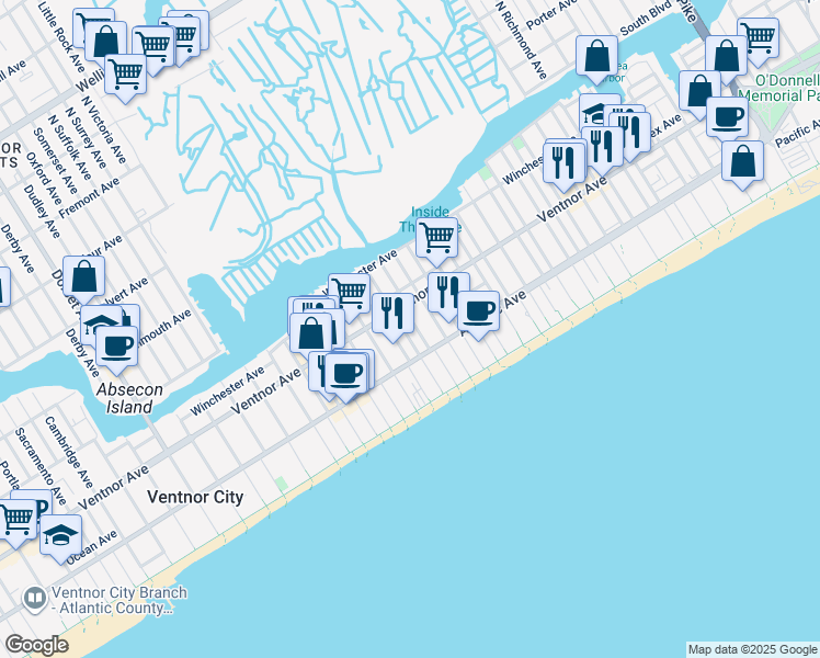 map of restaurants, bars, coffee shops, grocery stores, and more near 4 South Baton Rouge Avenue in Ventnor City