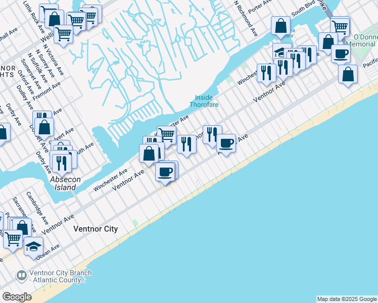 map of restaurants, bars, coffee shops, grocery stores, and more near 5001 Ventnor Avenue in Ventnor City
