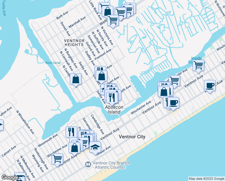 map of restaurants, bars, coffee shops, grocery stores, and more near 5700 Calvert Avenue in Ventnor City