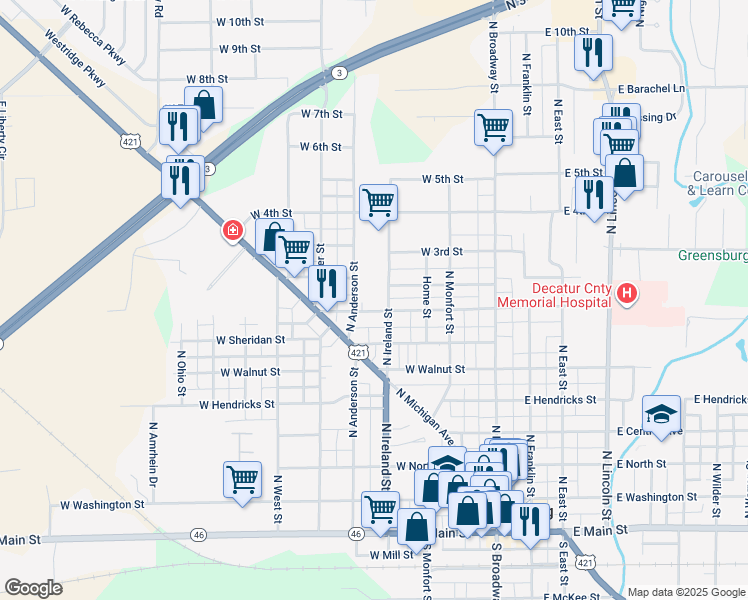 map of restaurants, bars, coffee shops, grocery stores, and more near 915 North Ireland Street in Greensburg