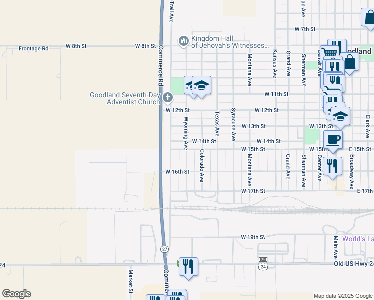 map of restaurants, bars, coffee shops, grocery stores, and more near 1501 Wyoming Avenue in Goodland