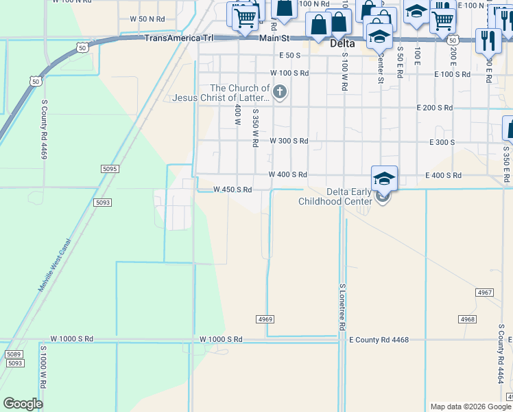 map of restaurants, bars, coffee shops, grocery stores, and more near 456 South 320 West in Delta
