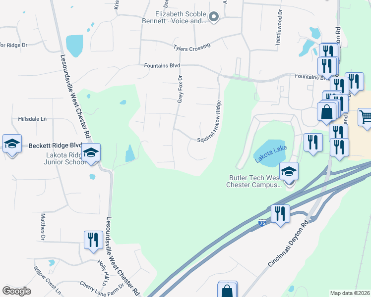 map of restaurants, bars, coffee shops, grocery stores, and more near 8325 Todd Creek Circle in Butler County