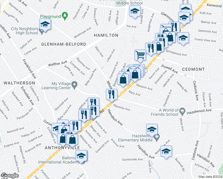 map of restaurants, bars, coffee shops, grocery stores, and more near 4109 White Avenue in Baltimore