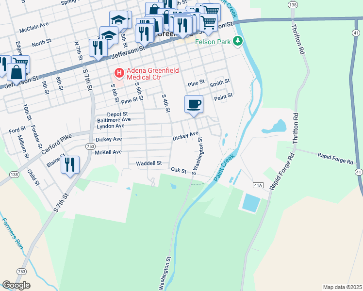 map of restaurants, bars, coffee shops, grocery stores, and more near 63 Dickey Avenue in Greenfield