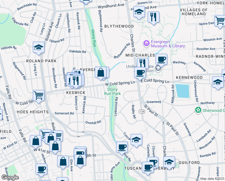 map of restaurants, bars, coffee shops, grocery stores, and more near 4435 Meadow Lane in Baltimore