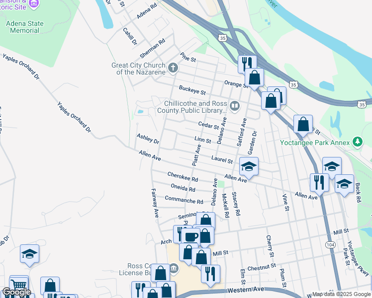 map of restaurants, bars, coffee shops, grocery stores, and more near 668 Linn Street in Chillicothe