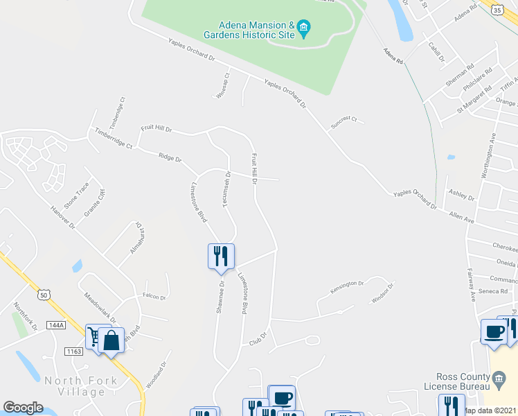 map of restaurants, bars, coffee shops, grocery stores, and more near 49 Fruit Hill Drive in Chillicothe