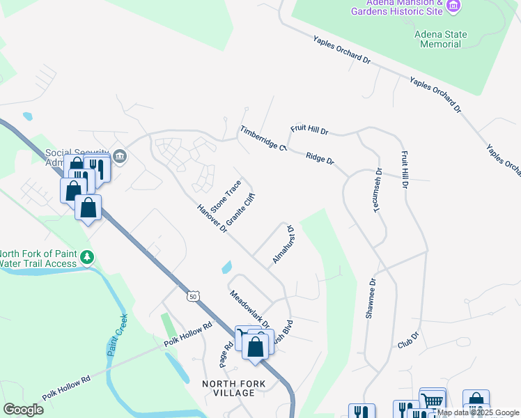 map of restaurants, bars, coffee shops, grocery stores, and more near 177 Graystone Court in Chillicothe
