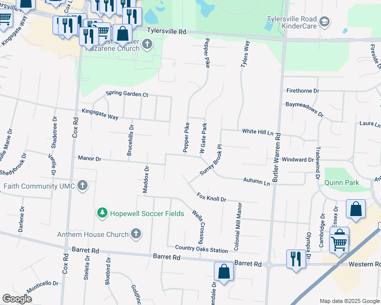 map of restaurants, bars, coffee shops, grocery stores, and more near 8093 West Gate Park in Butler County